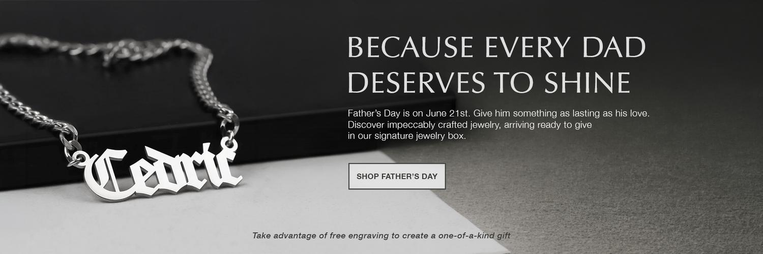 Necklace with 'Dad' pendant on a black background with promotional text.