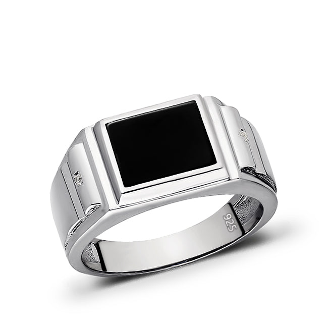 Solid 925 Sterling Silver Onyx Men's Ring Natural Square Black