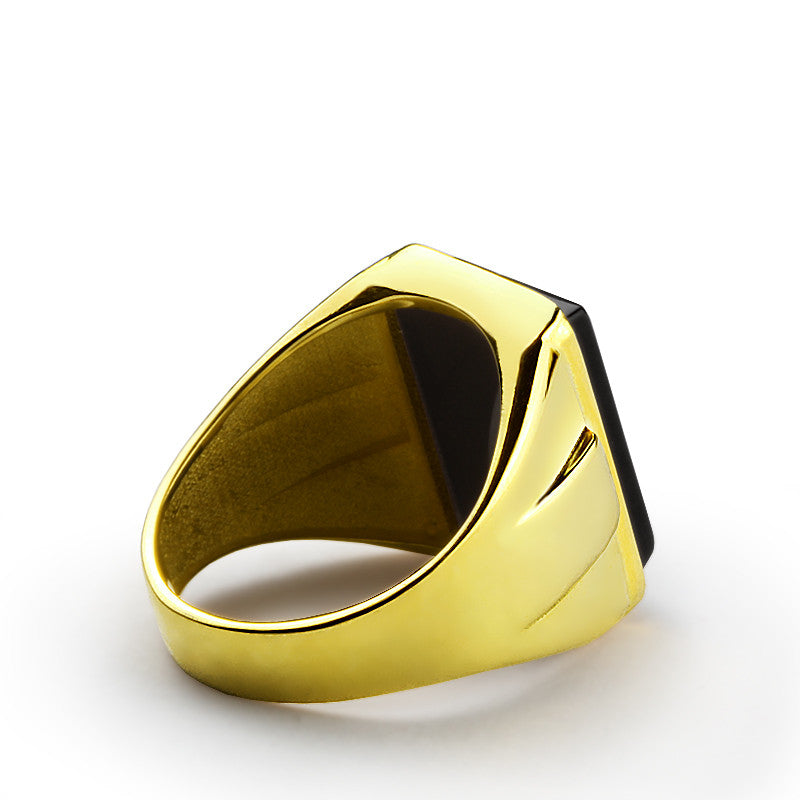 14k Yellow Gold Men's Ring with Black Onyx Stone, Statement Ring for Men