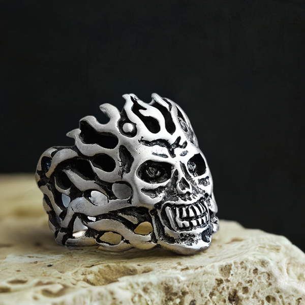 Skull in Fire Men's 925 Sterling Silver Ring 