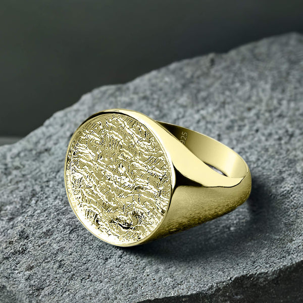 Gold Plated Yellow Round Signet Ring 925 Silver Simple Male Band