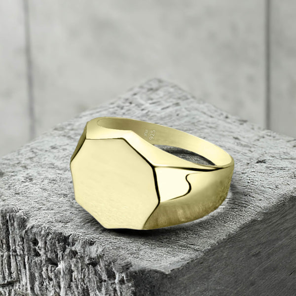 Yellow Gold Plated Men's Pinky Ring Silver Hexagon Signet Jewelry