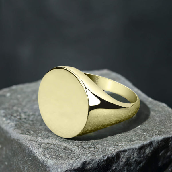 Simple Signet Ring Gold Plated 925 Silver Round Plain Band for Men 