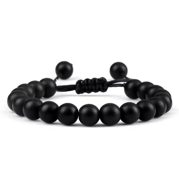 Adjustable black men's bracelet made of natural onyx beads, perfect for layering with jewelry, necklace, or ring.