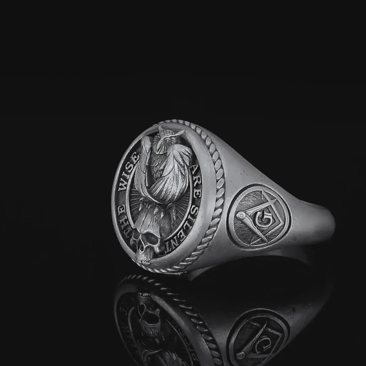 Gothic Owl Skull Ring Sterling Silver Occult Freemason Jewelry