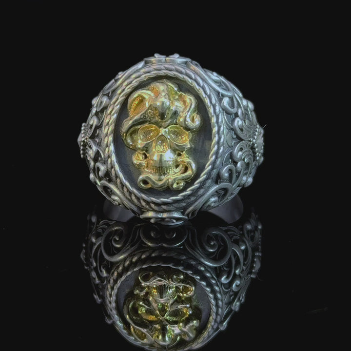 925 Sterling Silver Skull Ring with Gold Detail Gothic Punk Signet