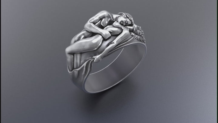 Artistic lover's embrace sculpture ring in sterling silver