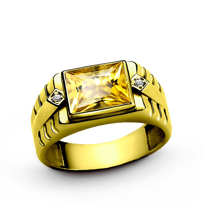 Men's Ring with Citrine Gemstone and Diamonds in 14k Yellow Gold – J F M