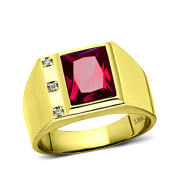 18K Real Yellow Fine Gold Red Ruby Mens Ring with 3 Natural Diamonds A ...