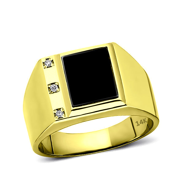 Real Fine 14K Yellow Gold Black Onyx Mens Ring with 0.06ct Natural 3 D ...