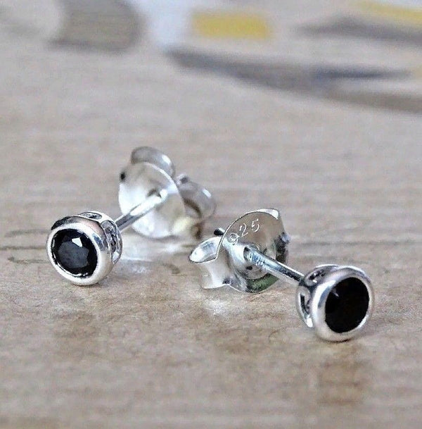 New Mens Stud Earrings Solid 925k Sterling Silver with Black CZ